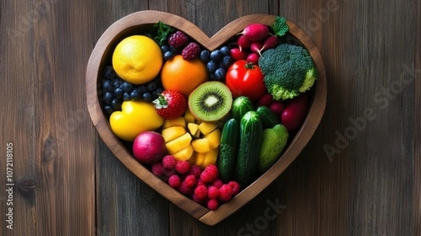Fototapeta A heart-shaped wooden bowl brimming with fresh fruits and vegetables, including lemons, oranges, strawberries, and bell peppers, set against rustic wooden planks. Perfect for health-focused content.