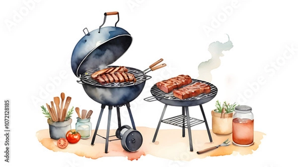 Fototapeta バーベキューの水彩画風イラスト
