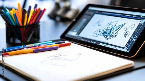 Obraz A tablet displaying a digital sketch, a notepad with a sketch, and several coloured markers on a desk.