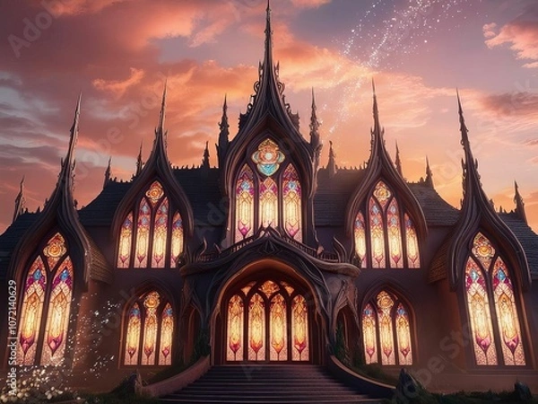 Fototapeta Explore the enchanting architecture of a majestic castle with stunning stained glass windows at sunset