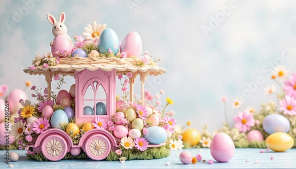 Fototapeta Colorful Easter parade display with eggs and bunny decor
