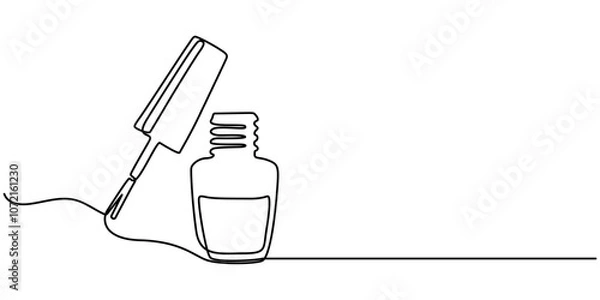 Obraz Nail varnish one line drawing on white isolated background for store, banner and business card. Linear art. Vector illustration, Bottle of nail polish as one line drawing banner. Continuous hand drawn
