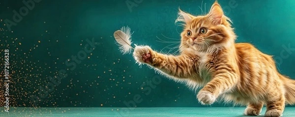 Obraz Playful ginger cat chasing a feather on a solid green background, lively and energetic