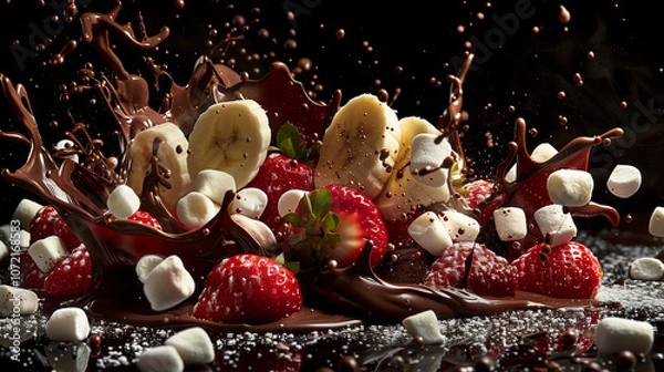 Fototapeta Splash of Chocolate Fondue with Strawberries, Bananas, and Marshmallows