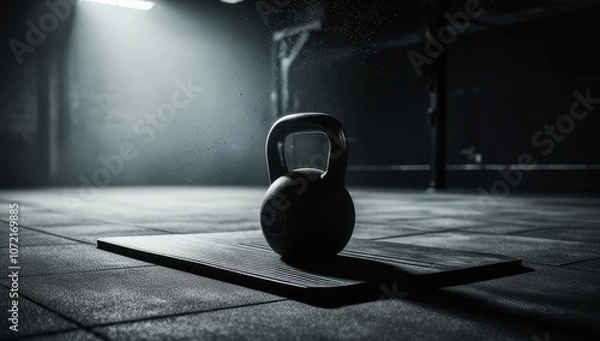 Fototapeta A kettlebell rests on a mat in a darkened gym, illuminated by a single spotlight
