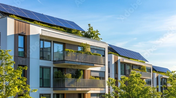 Fototapeta Contemporary apartment buildings with solar panels on rooftops and lush greenery on balconies, under a clear blue sky