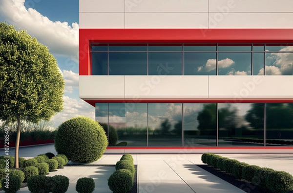 Obraz A sleek modern office building with red accents and large reflective glass windows, surrounded by neatly trimmed greenery