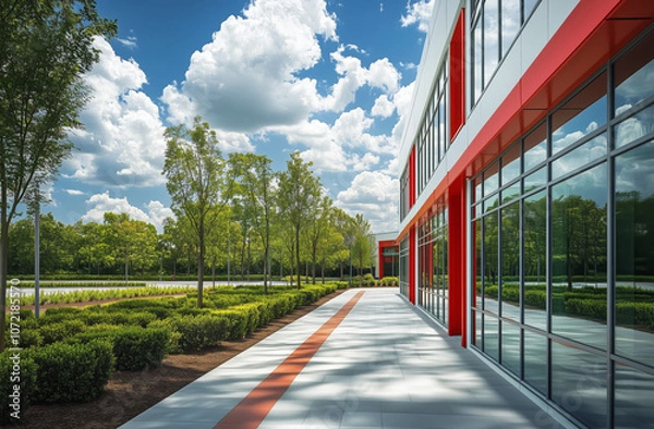 Fototapeta Contemporary building featuring a reflective glass facade, vibrant red accents, and a landscaped walkway surrounded by trees and shrubs