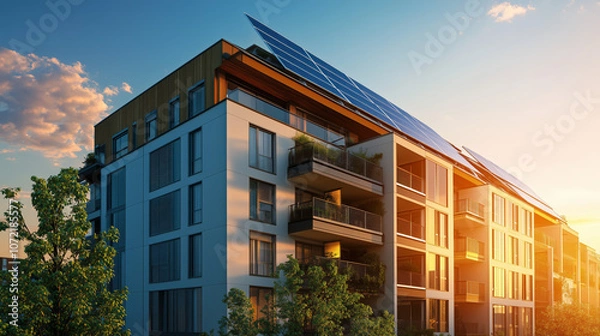 Fototapeta A sustainable apartment building with sleek architecture, solar panels on the rooftop, and lush greenery, illuminated by golden sunset light. An ideal showcase of eco-conscious urban living