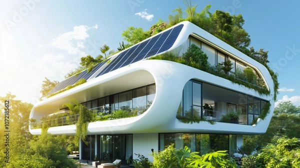 Fototapeta Modern eco-friendly building with solar panels, curved white facade, and lush greenery on terraces. Sustainable architecture surrounded by trees under a bright blue sky