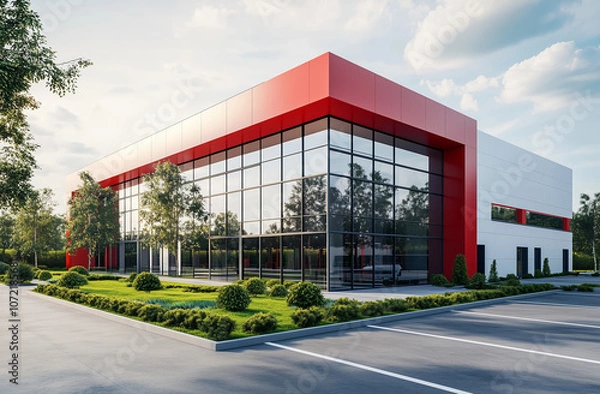 Obraz A sleek commercial building featuring a red and white color scheme, large reflective glass windows, and well-maintained landscaping. A sunny day highlights the clean, modern design