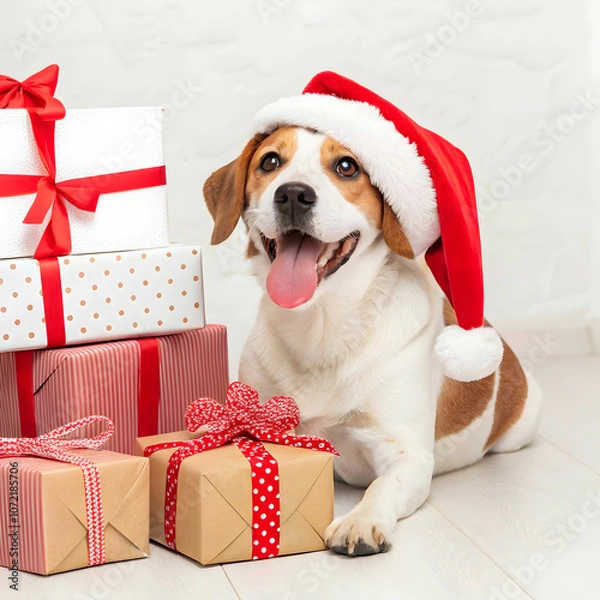 Fototapeta A cheerful dog wearing a Santa hat, playfully surrounded by colorful gifts.