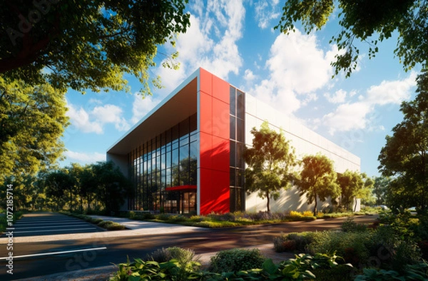Fototapeta A contemporary industrial-style building with a striking red and white facade, large glass windows, and lush landscaping under a clear blue sky