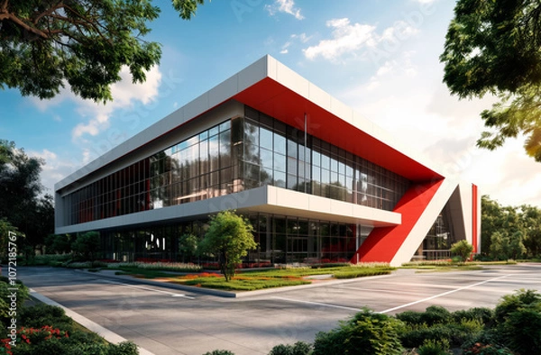 Fototapeta A contemporary industrial-style building featuring bold red and white accents, large glass panels, and landscaped surroundings. A vibrant, modern design with a touch of greenery