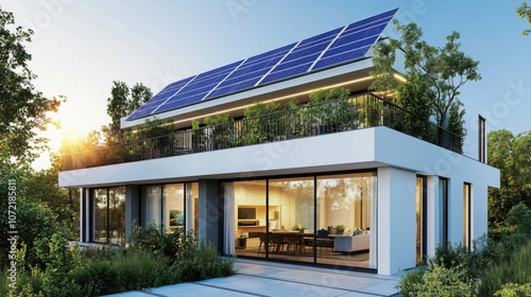 Fototapeta A sleek urban residence featuring advanced solar panels on the roof, lush greenery on the terrace, and large glass windows. Evening sunlight enhances the eco-friendly and modern design