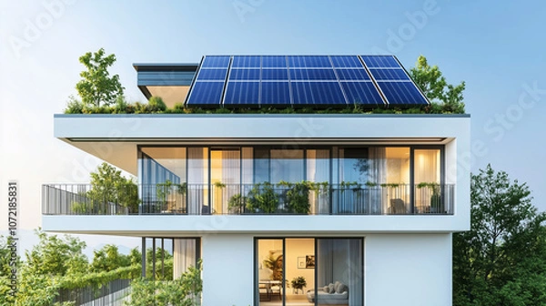 Fototapeta A stylish modern house featuring rooftop solar panels, green balconies, and large windows, surrounded by trees and natural light.

