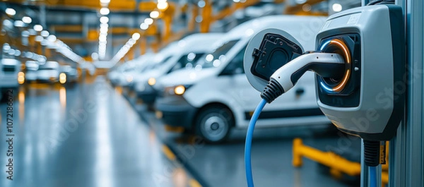 Fototapeta electric vehicle charging station is connected in modern warehouse filled with delivery vans, showcasing shift towards sustainable transportation
