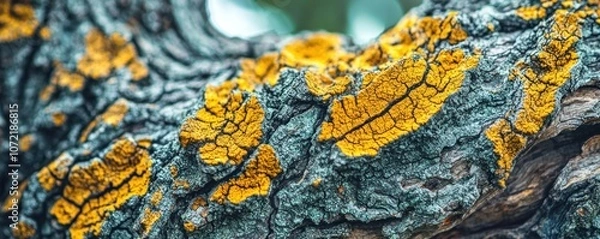 Fototapeta Close-up of tree bark adorned with vibrant yellow lichen.