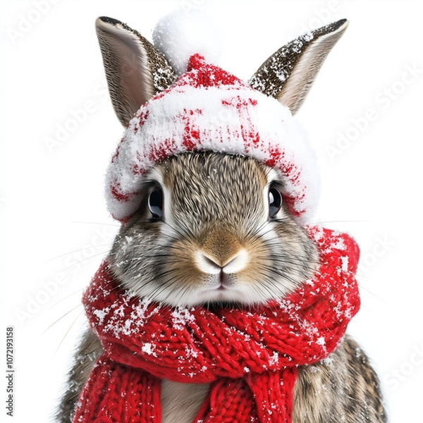 Obraz a rabbit with a christmas scarf and a hat. Generative AI