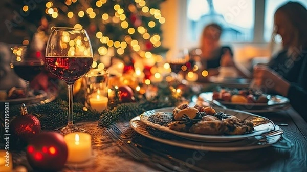 Fototapeta A close-up of a Christmas dinner table with a plate of food and a glass of red wine in the foreground. The family is enjoying their meal in the background with a decorated Christmas tree