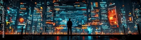 Obraz A silhouette stands before a vibrant, futuristic cityscape illuminated by neon lights and digital displays, embodying a sense of wonder and exploration.