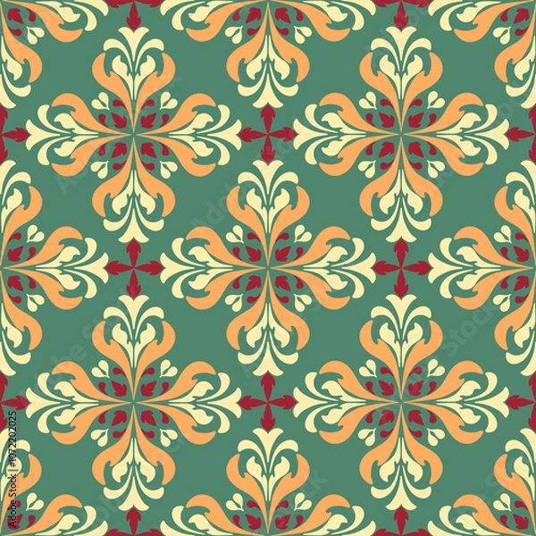 Fototapeta Ornate Floral Motif on Green Canvas
