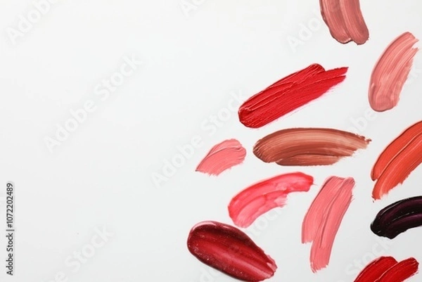 Fototapeta Smears of different lip products on white background, top view