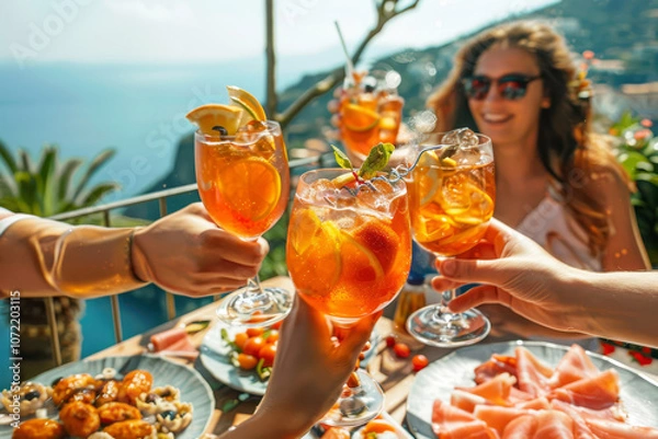 Fototapeta Un gruppo di amici si rilassa su una terrazza con vista sul mare, brindando con spritz e antipasti italiani
