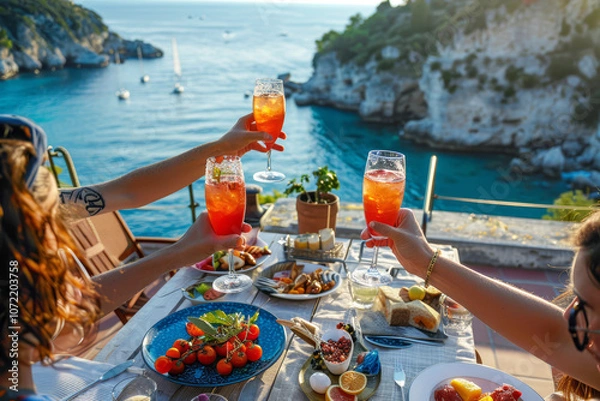 Fototapeta Un gruppo di amici si rilassa su una terrazza con vista sul mare, brindando con spritz e antipasti italiani