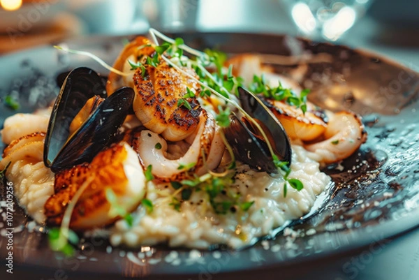 Fototapeta Un piatto di risotto ai frutti di mare, con cozze e calamari 