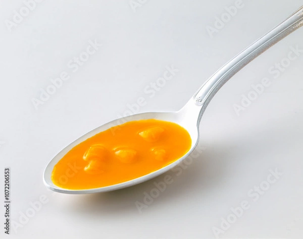 Fototapeta Creamy pumpkin soup served in a silver spoon on a clean surface. Isolated on white