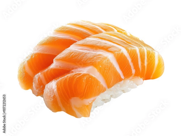 Fototapeta Delicious slices of fresh salmon sushi on a white isolate background.