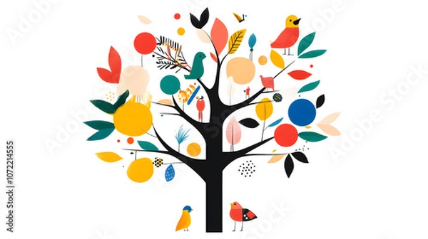 Obraz whimsical family tree illustration with colorful birds and leaves