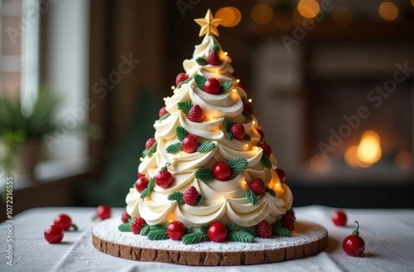 Obraz Christmas tree made from brownie cookies with cracks, cinnamon spices, bells and Christmas toys on old concrete or stone background. New Year's concept. Top view.