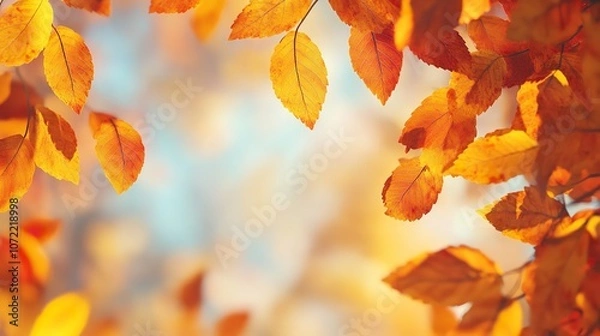 Obraz autumn with a defocused glow resembling gentle sunlight and sharp images of leaves changing color at different stages prominently displayed