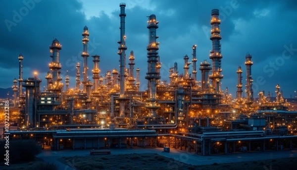 Obraz Striking Industrial Refinery Complex Illuminated at Dusk with Pipes.