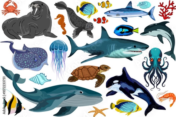 Obraz Large set of sea animals.Vector color set of sea animals on a transparent background.