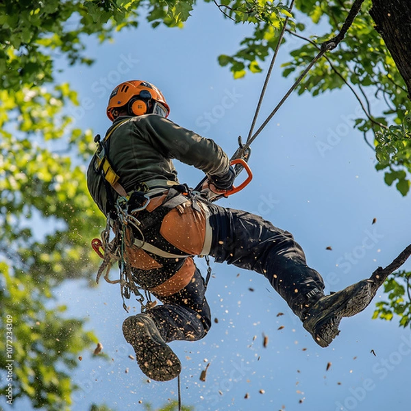 Fototapeta A tree surgeon expertly suspended in a harness cuts high branches using a chainsaw, with sawdust cascading down as a vibrant green park and blue sky stretch below
