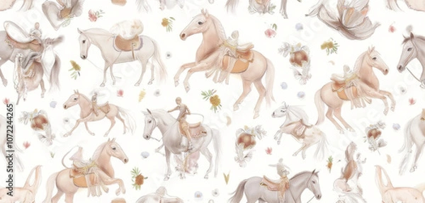 Fototapeta  Horses in a natural-themed watercolor pattern