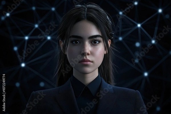 Fototapeta A close-up of a realistic digital woman against a dark, connected network background, showcasing advanced technology and human-like features.