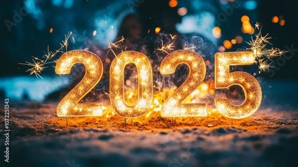 Fototapeta Shining golden numbers 2025 with sparklers on snow, creating a festive winter evening atmosphere.