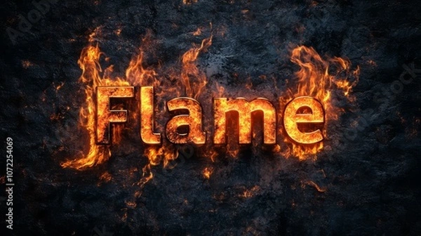 Fototapeta Flame Text Effect: The word "Flame" is rendered in bold, 3D letters, engulfed by a raging inferno. The fiery text is set against a dark, textured background, creating a dramatic and powerful visual.