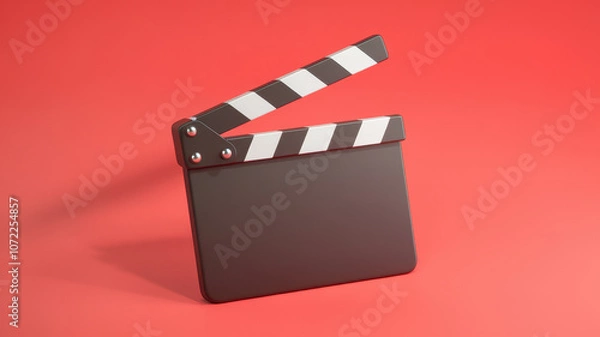 Fototapeta A classic black film clapperboard stands ready for action against a vibrant red background, symbolizing creativity in filmmaking.