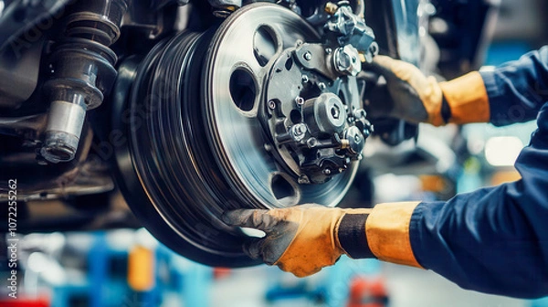 Fototapeta Technician performs critical brake maintenance on automotive wheel assembly
