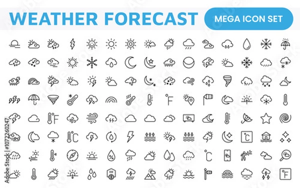 Fototapeta Weather Forecast Icon Set. Bright and dynamic icons for accurate weather reporting, perfect for enhancing apps, websites, and digital platforms Vector icons.