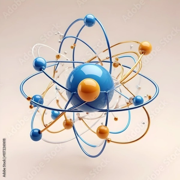 Fototapeta A centered atom icon with orbiting electrons, set against a transparent or cream background. Clean, rounded lines emphasize scientific exploration and simplicity