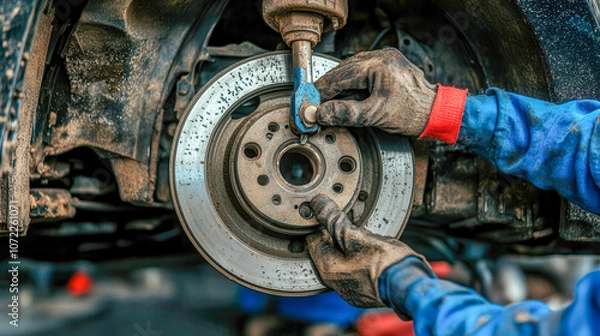 Fototapeta Mechanic repairs car brake system with precision tools and expertise