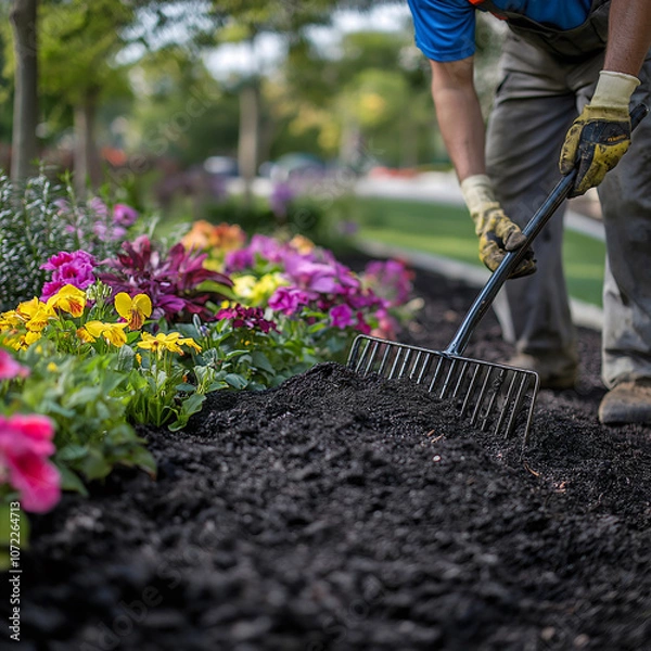 Fototapeta A landscaper applies mulch around a colorful flower bed in a public park, ensuring even coverage with a rake