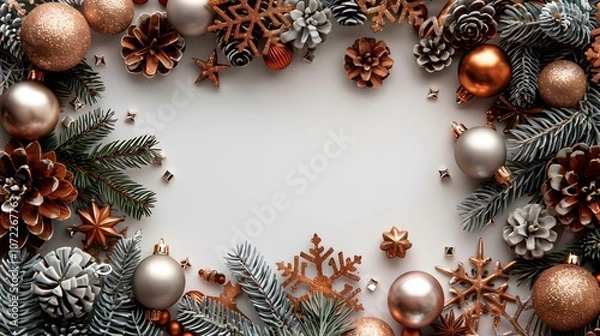 Fototapeta Elegant Christmas frame with copper and gold ornaments, pinecones, candy canes, and eucalyptus leaves on a white background