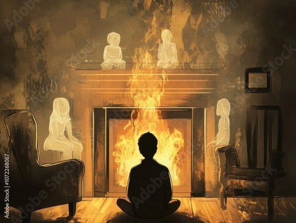 Fototapeta A child sits by a fireplace, surrounded by ghostly figures, creating a haunting, warm atmosphere that blends reality and imagination.